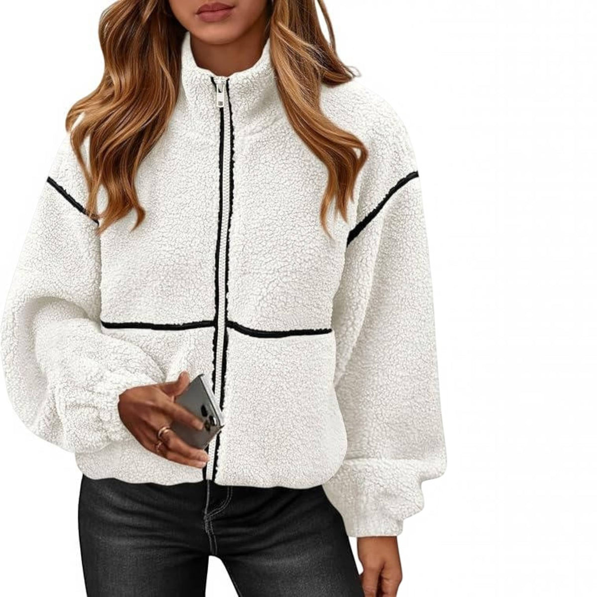 Womens Fleece Zip Up Jacket, Oversized Color Block Teddy Coat with Pockets, Warm Fall Winter Outerwear
