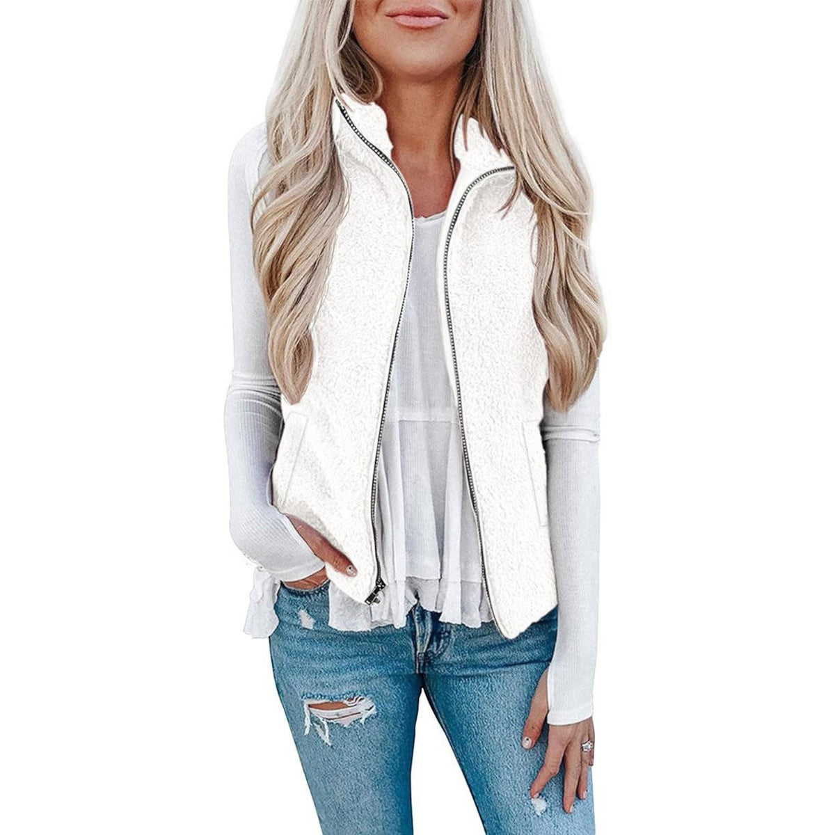 Womens Sherpa Fleece Vest, Fuzzy Lightweight Sleeveless Zipper Jacket with Pockets