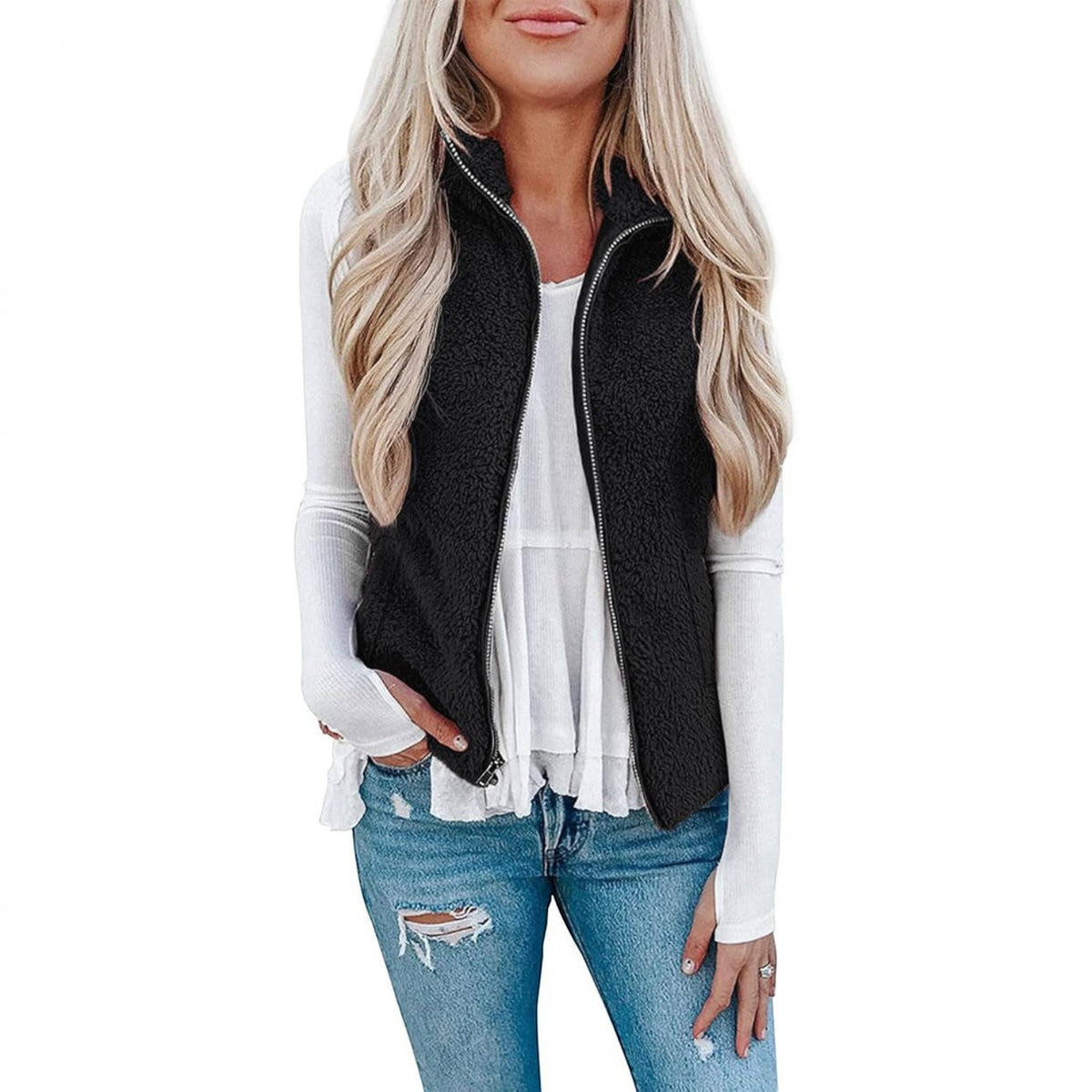 Womens Sherpa Fleece Vest, Fuzzy Lightweight Sleeveless Zipper Jacket with Pockets