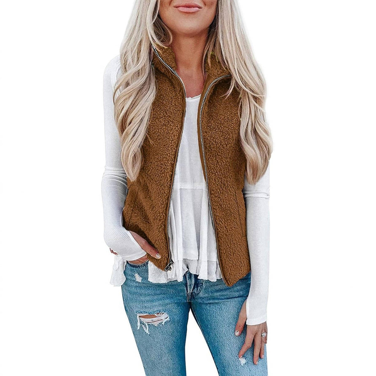 Womens Sherpa Fleece Vest, Fuzzy Lightweight Sleeveless Zipper Jacket with Pockets