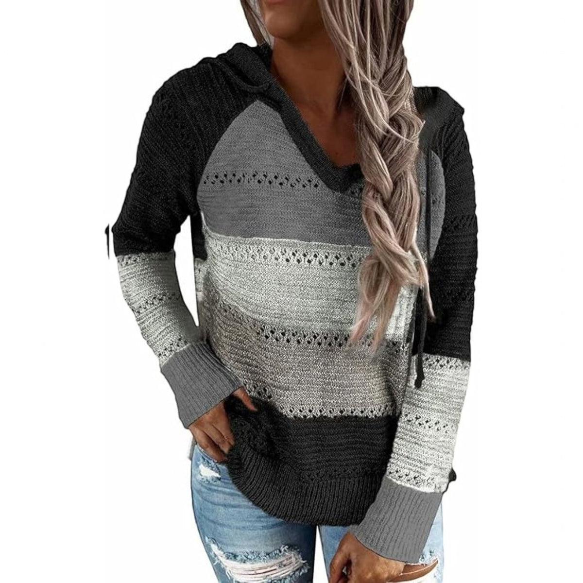 Womens Striped Crochet Sweater Hoodie, Long Sleeve Colorblock Lightweight Knit Pullover