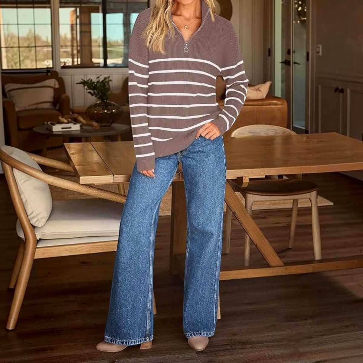 Womens Striped Quarter Zip Sweater - Oversized Mock Neck Knit Pullover