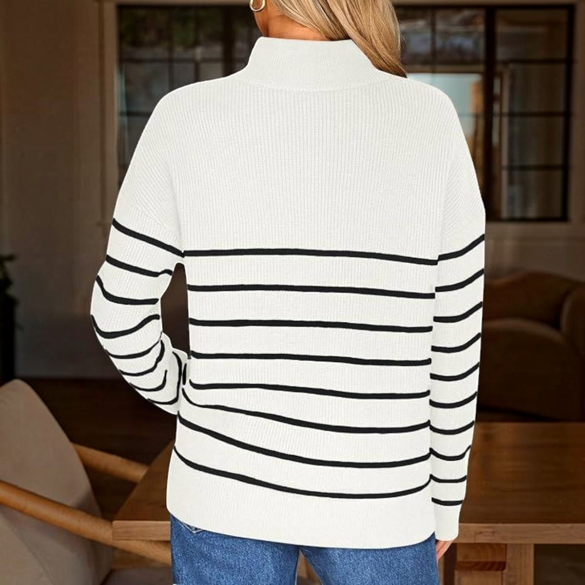 Womens Striped Quarter Zip Sweater - Oversized Mock Neck Knit Pullover
