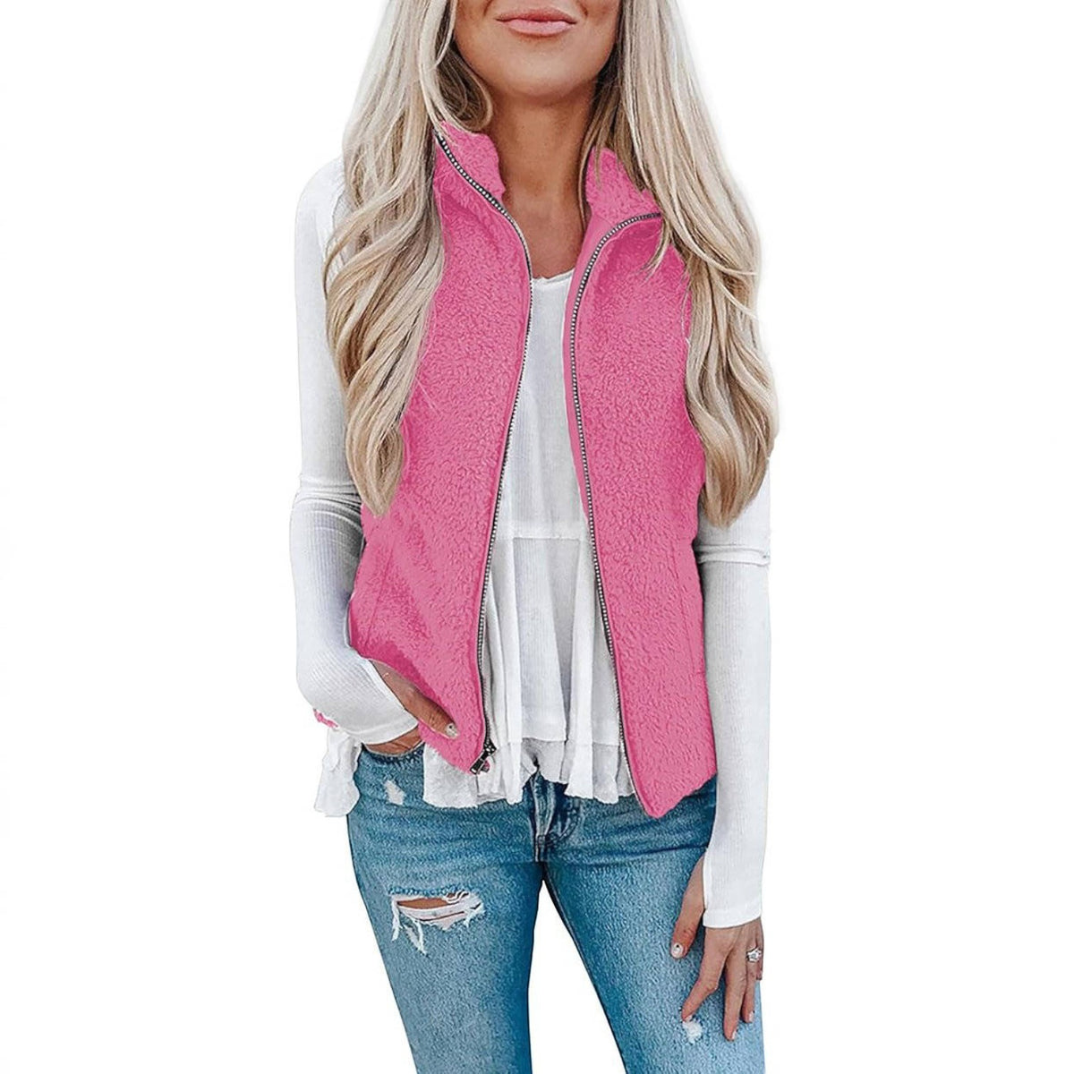 Womens Sherpa Fleece Vest, Fuzzy Lightweight Sleeveless Zipper Jacket with Pockets