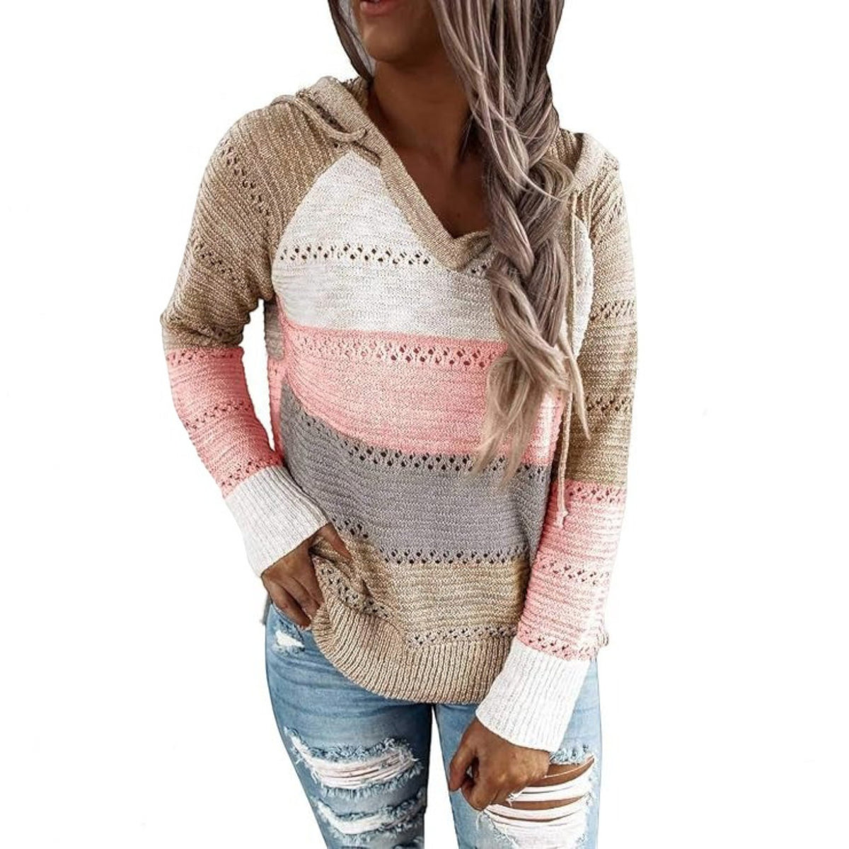 Womens Striped Crochet Sweater Hoodie, Long Sleeve Colorblock Lightweight Knit Pullover