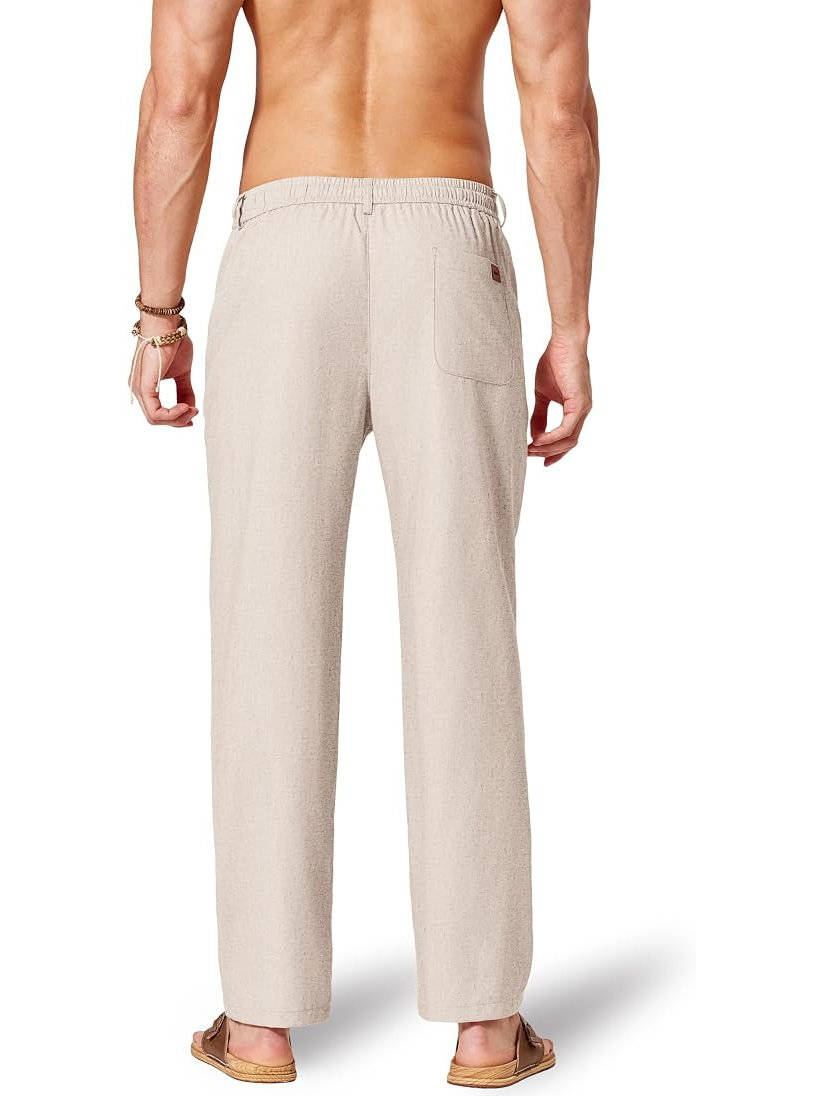 Mens Cotton Linen Pants, Relaxed Fit Drawstring Beach Summer Dress Trousers