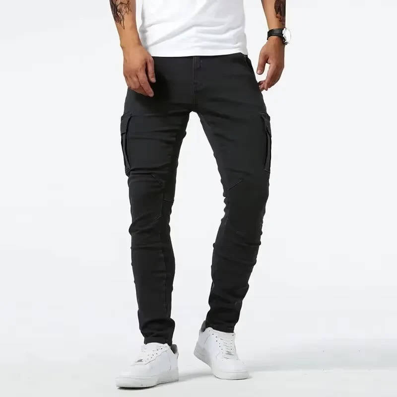 Mens Stretch Jeans Cargo Pants, Slim Fit Multi Pocket Denim Streetwear Trousers