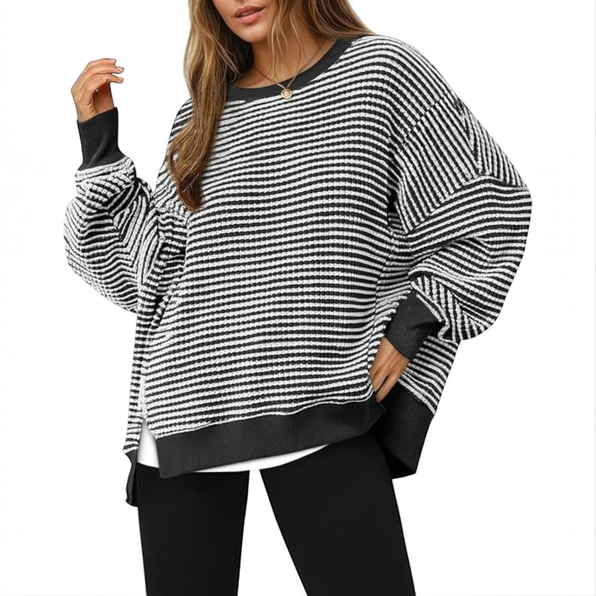Womens Fall Oversized Sweatshirt, Casual Waffle Knit Long Sleeve Crewneck Split Pullover Tunic Tops