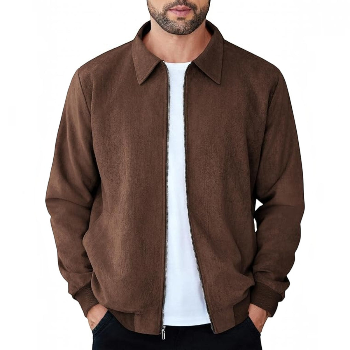 Mens Faux Suede Bomber Jacket - Lightweight Zip Up Fall Jacket
