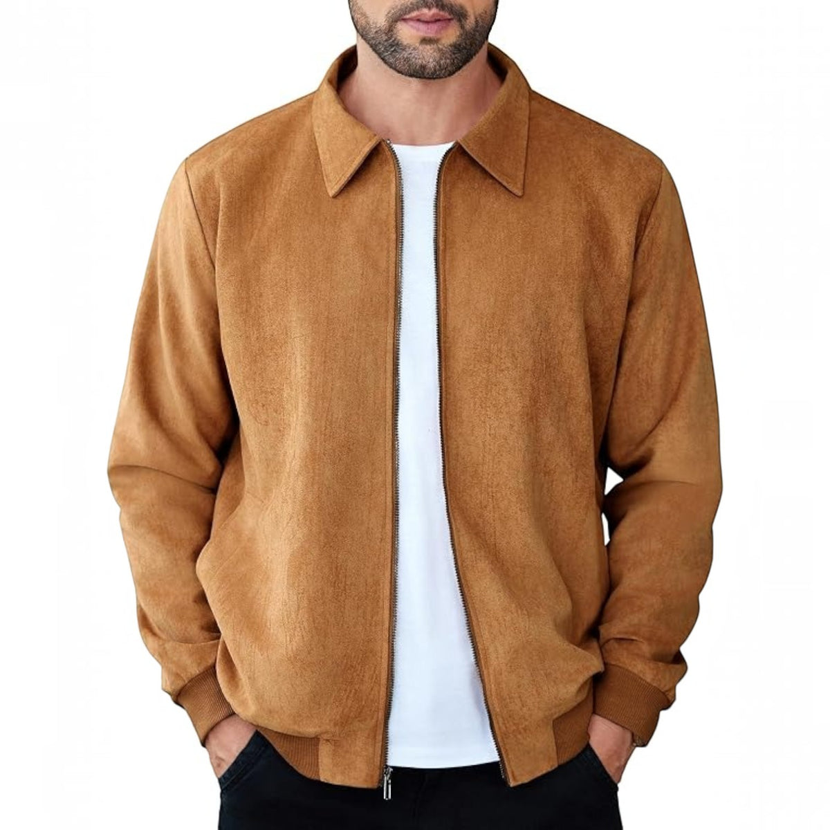 Mens Faux Suede Bomber Jacket - Lightweight Zip Up Fall Jacket