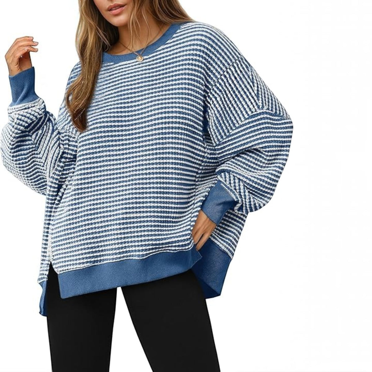 Womens Fall Oversized Sweatshirt, Casual Waffle Knit Long Sleeve Crewneck Split Pullover Tunic Tops