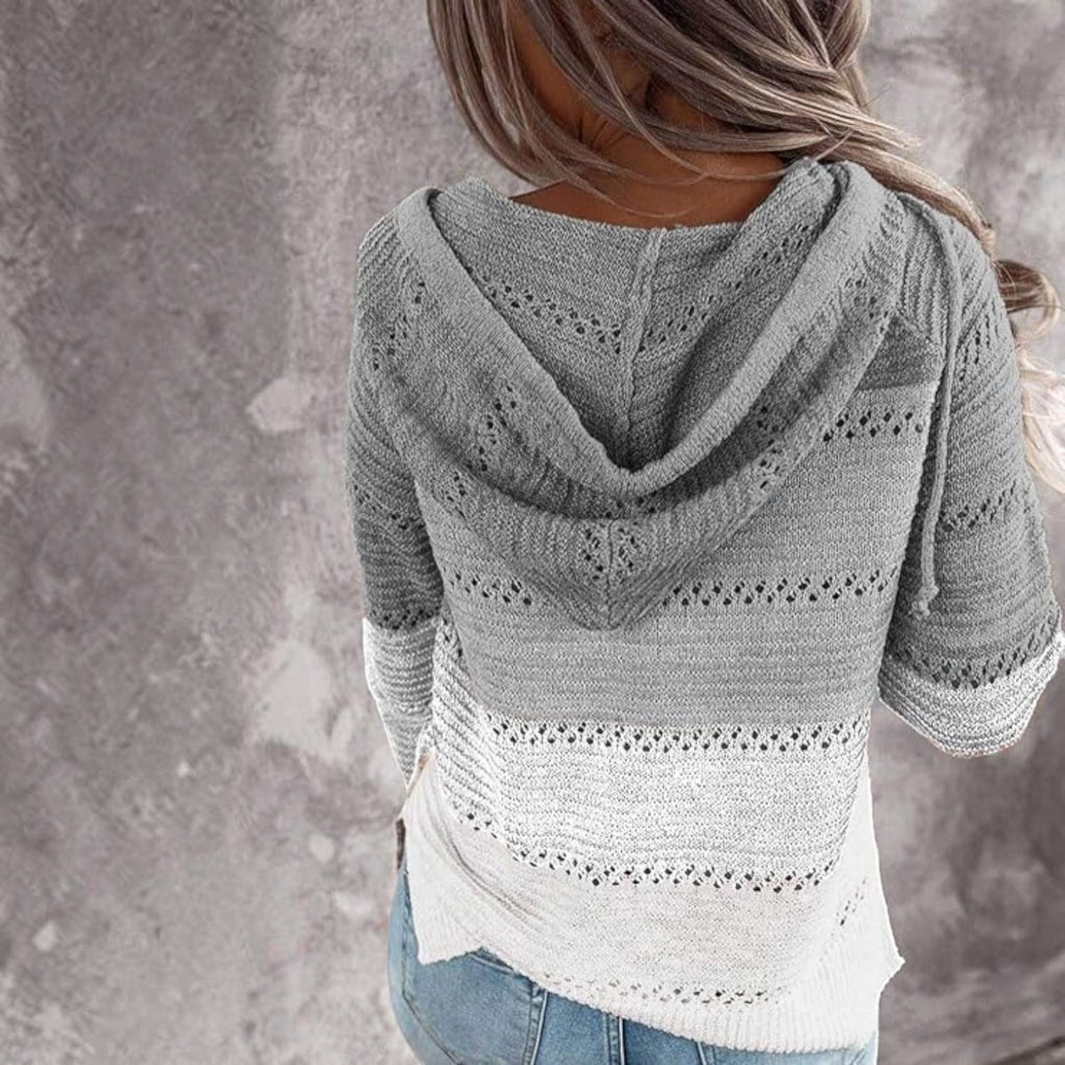Womens Striped Crochet Sweater Hoodie, Long Sleeve Colorblock Lightweight Knit Pullover