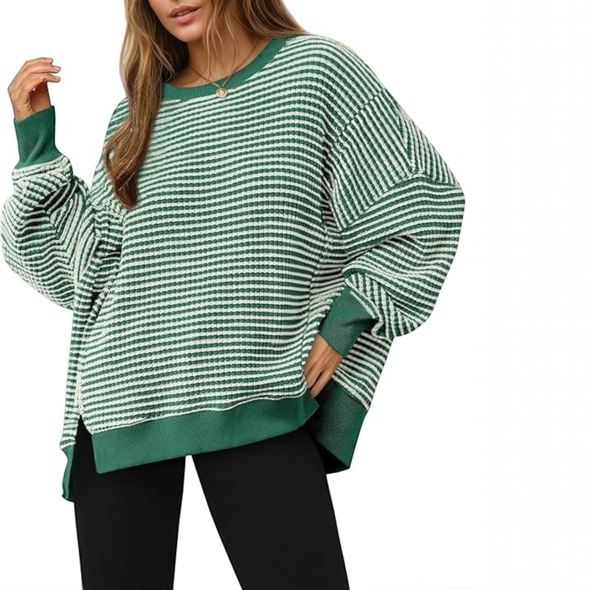 Womens Fall Oversized Sweatshirt, Casual Waffle Knit Long Sleeve Crewneck Split Pullover Tunic Tops
