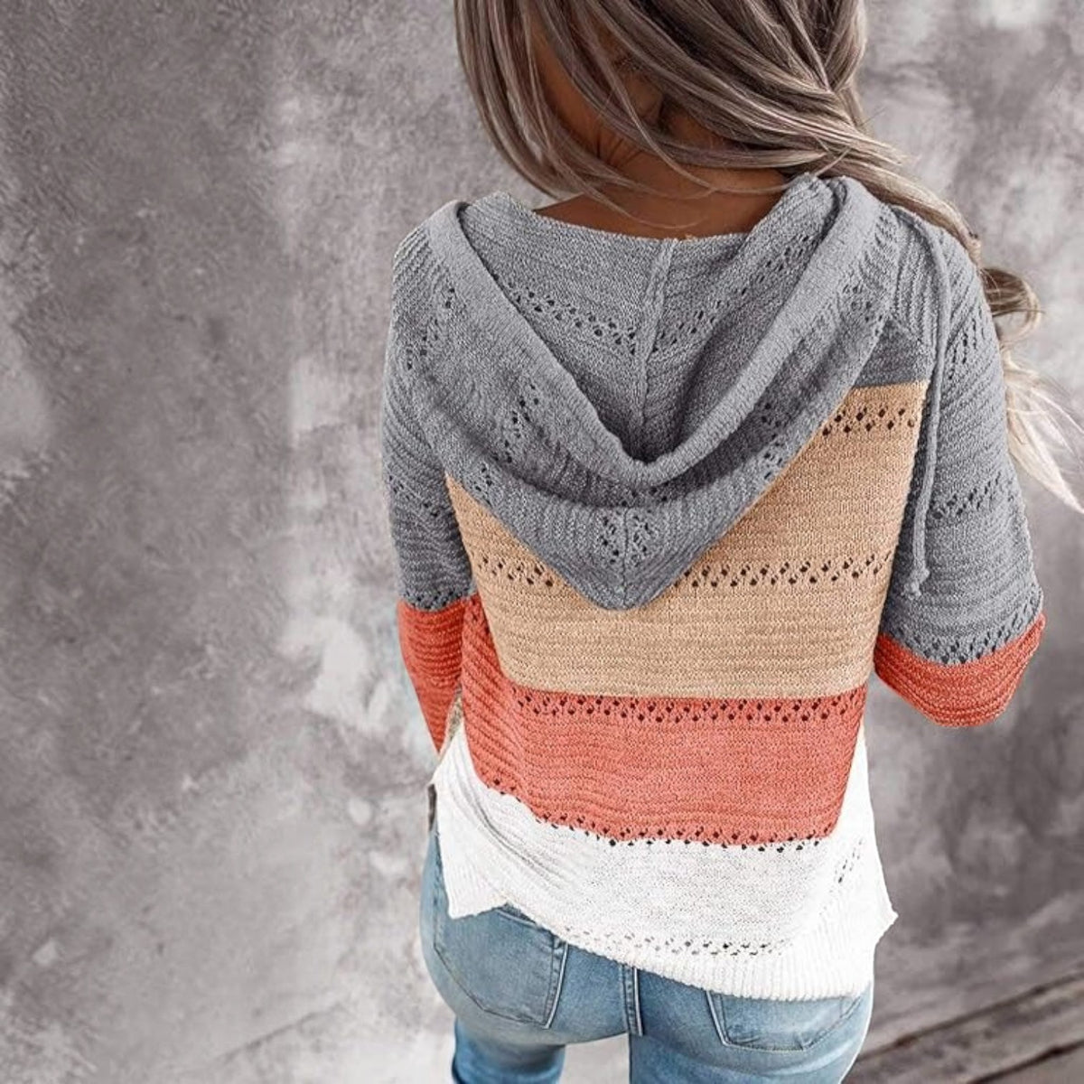 Womens Striped Crochet Sweater Hoodie, Long Sleeve Colorblock Lightweight Knit Pullover
