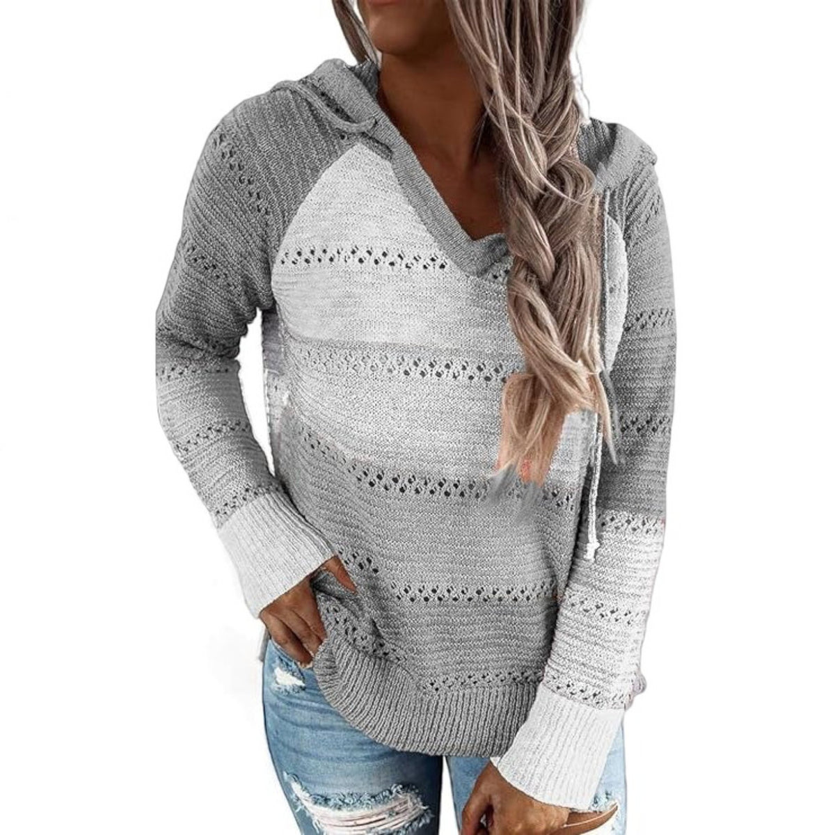Womens Striped Crochet Sweater Hoodie, Long Sleeve Colorblock Lightweight Knit Pullover