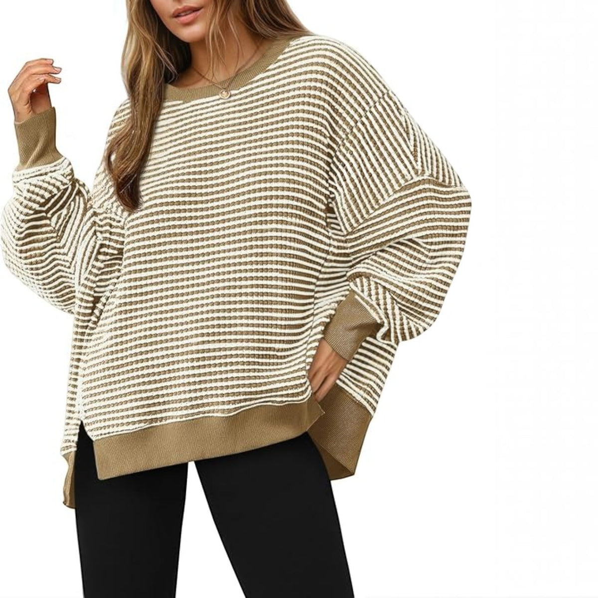 Womens Fall Oversized Sweatshirt, Casual Waffle Knit Long Sleeve Crewneck Split Pullover Tunic Tops