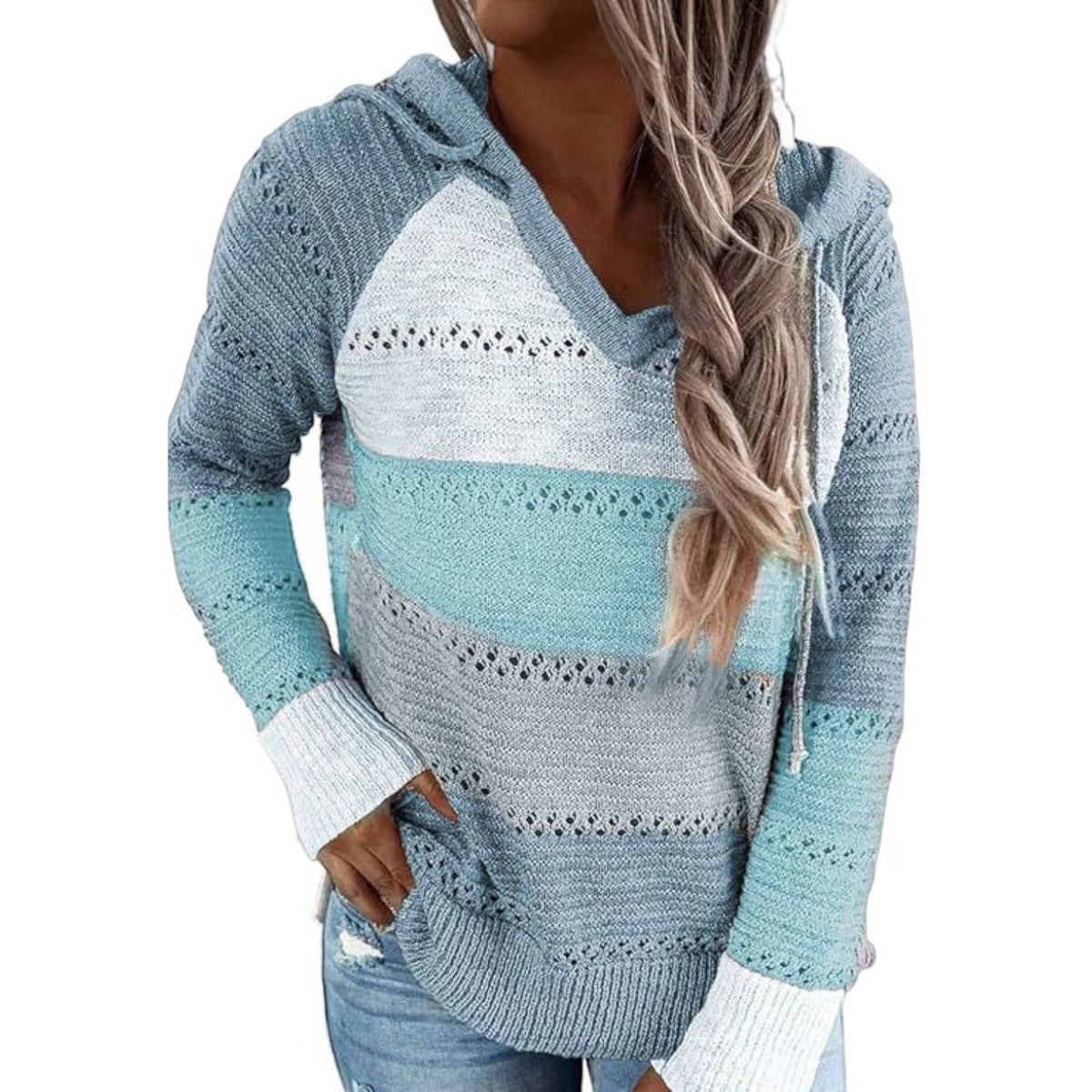 Womens Striped Crochet Sweater Hoodie, Long Sleeve Colorblock Lightweight Knit Pullover
