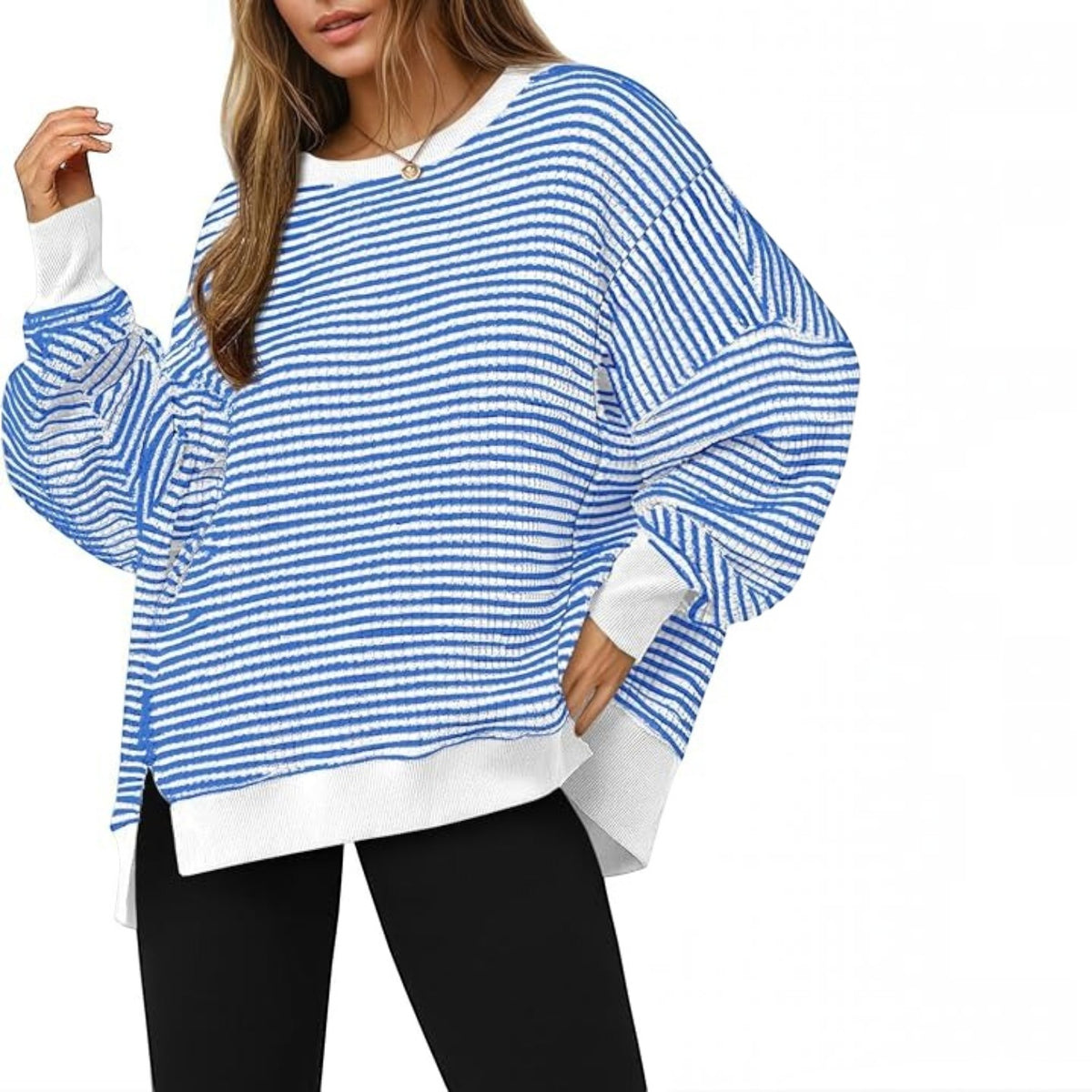 Womens Fall Oversized Sweatshirt, Casual Waffle Knit Long Sleeve Crewneck Split Pullover Tunic Tops