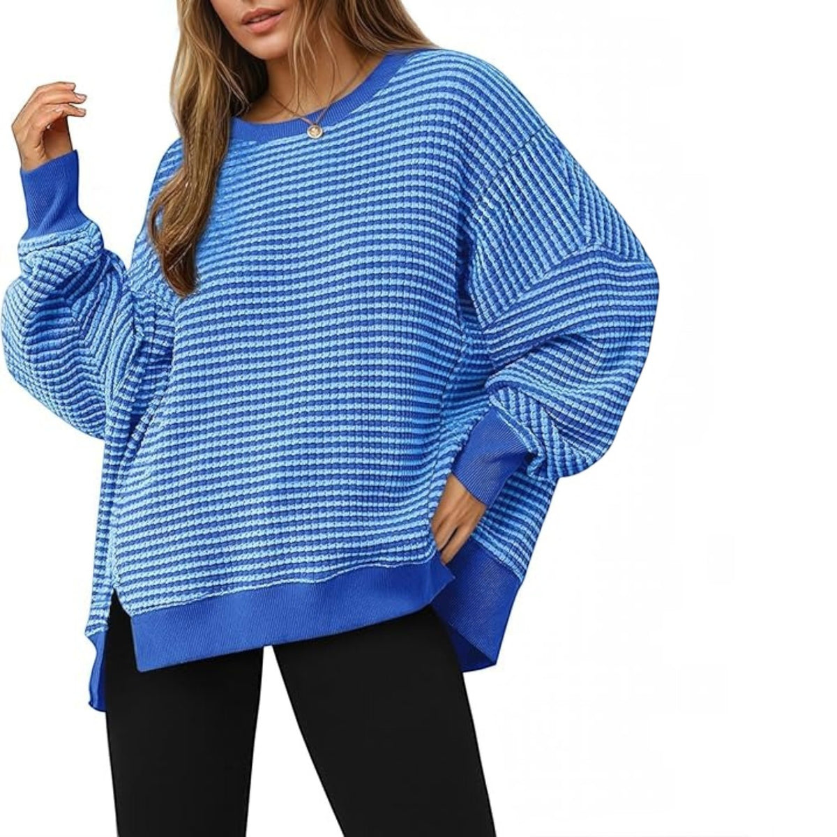 Womens Fall Oversized Sweatshirt, Casual Waffle Knit Long Sleeve Crewneck Split Pullover Tunic Tops