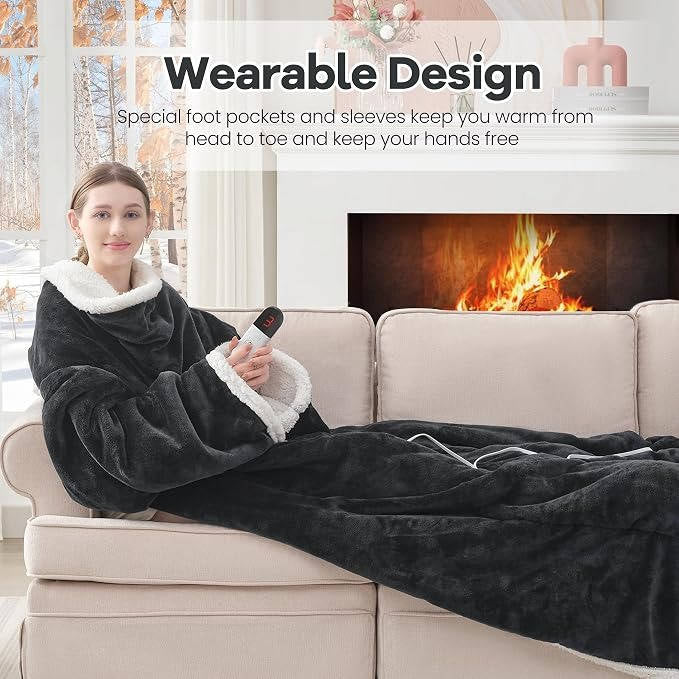 Heated Wearable Blanket, Electric Snuggle Blanket with Sleeves & Foot Pocket for Cozy Home Comfort