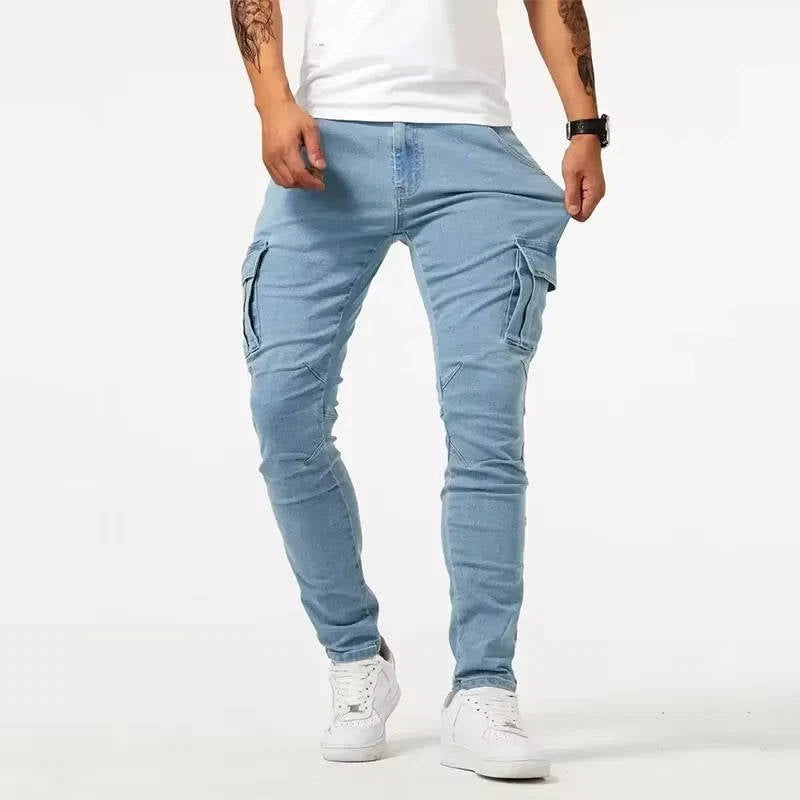 Mens Stretch Jeans Cargo Pants, Slim Fit Multi Pocket Denim Streetwear Trousers