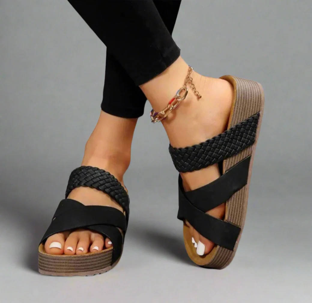 Women's Orthopedic Wedge Sandals, Open Toe Woven Crisscross Slide Shoes, Casual Platform Comfort Summer Slides