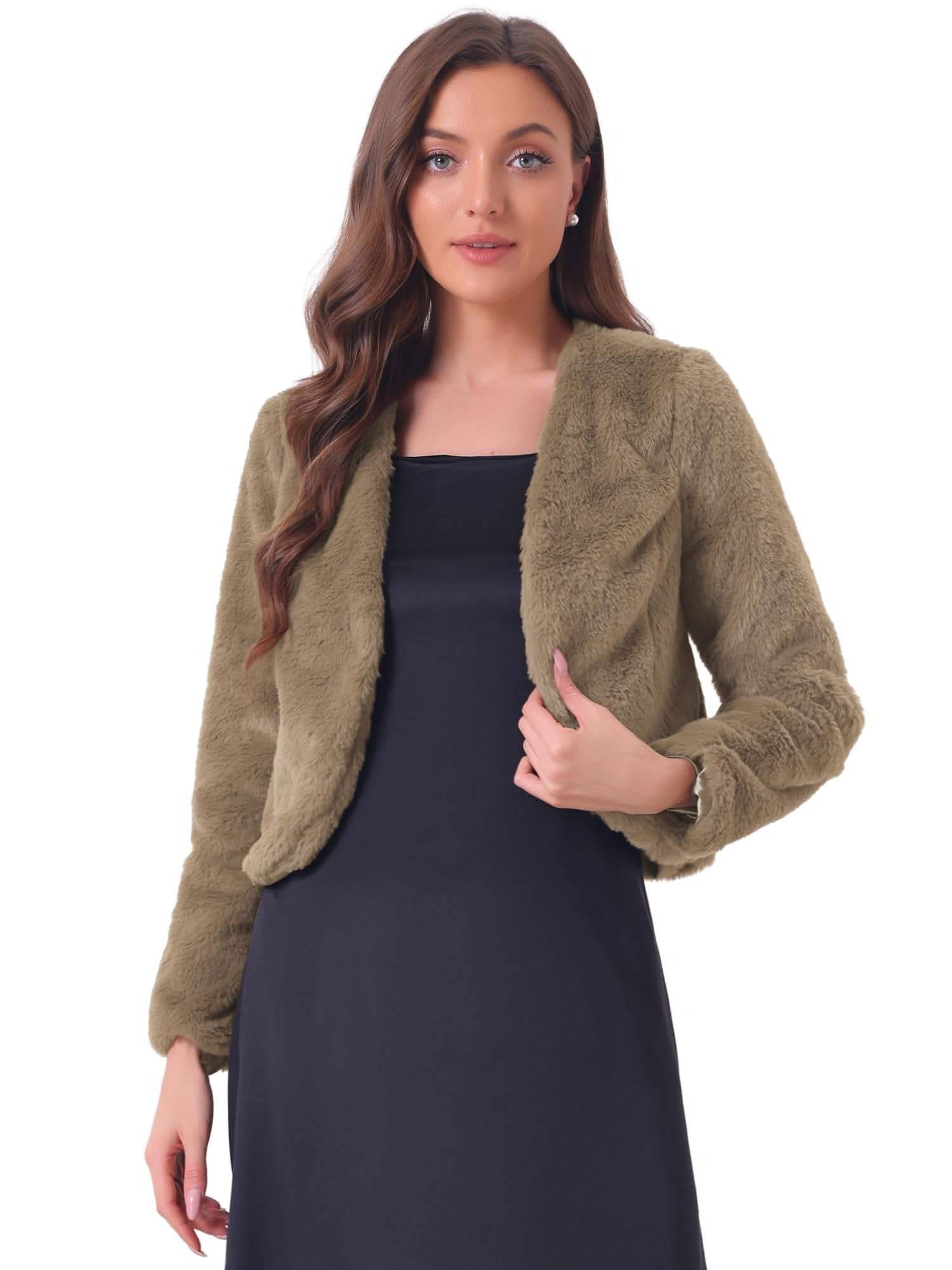 Womens Cropped Faux Fur Jacket, Long Sleeve Wedding Bolero Coat
