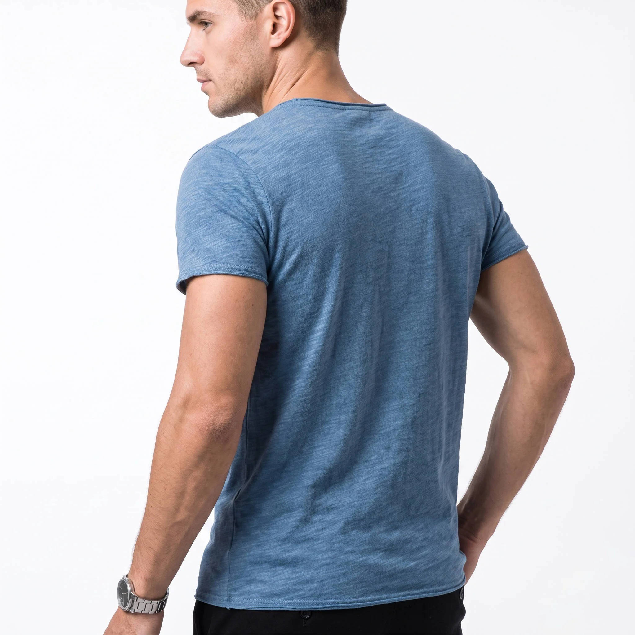 Men's Casual V Neck T Shirt, Breathable Slim Fit Short Sleeve Tee, Lightweight Cotton Slub Basic Top