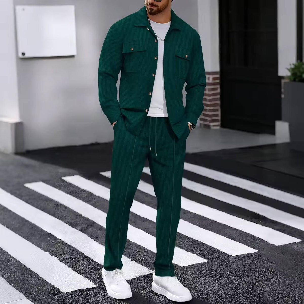 Mens 2 Piece Sweatsuit Set, Waffle Plaid Jacquard Jacket Top and Casual Pants, Fall Fashion Outfit