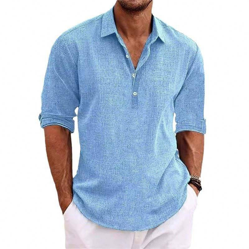 Men's Casual Cotton Shirt, Long Sleeve Pullover Beach Shirt, Lightweight Summer Vacation Style