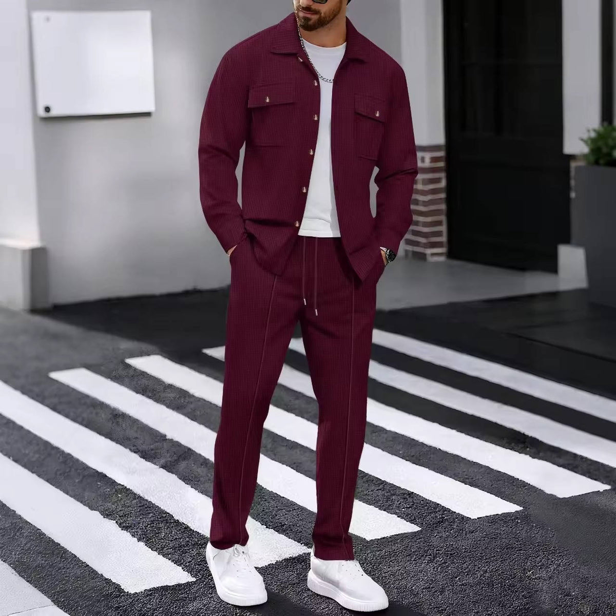 Mens 2 Piece Sweatsuit Set, Waffle Plaid Jacquard Jacket Top and Casual Pants, Fall Fashion Outfit