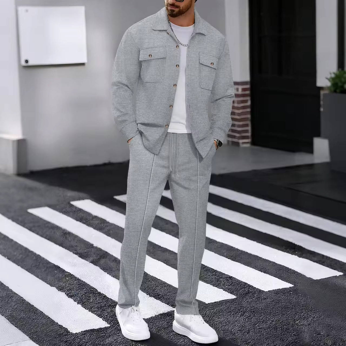 Mens 2 Piece Sweatsuit Set, Waffle Plaid Jacquard Jacket Top and Casual Pants, Fall Fashion Outfit