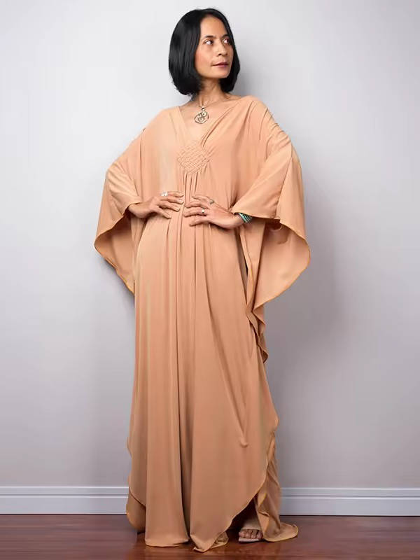 Moomoo Dresses for Women, Plus Size V Neck Long Batwing Sleeve Floral Beach Cover Up Dress