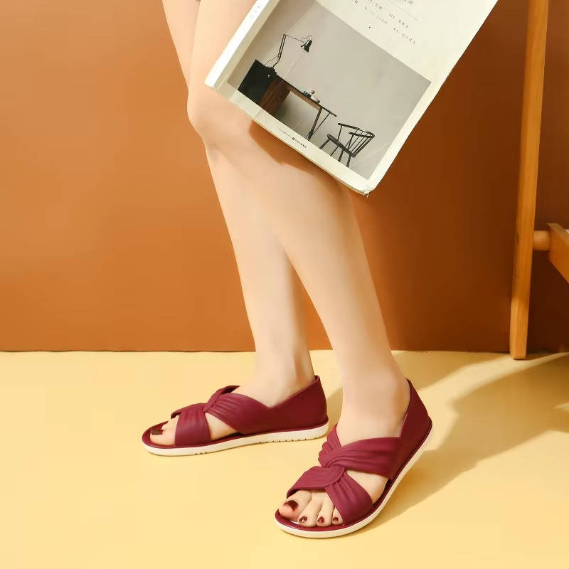 Women's Orthopedic Sandals, Open Toe Cross Strap Flats, Comfort Ruched Walking Shoes