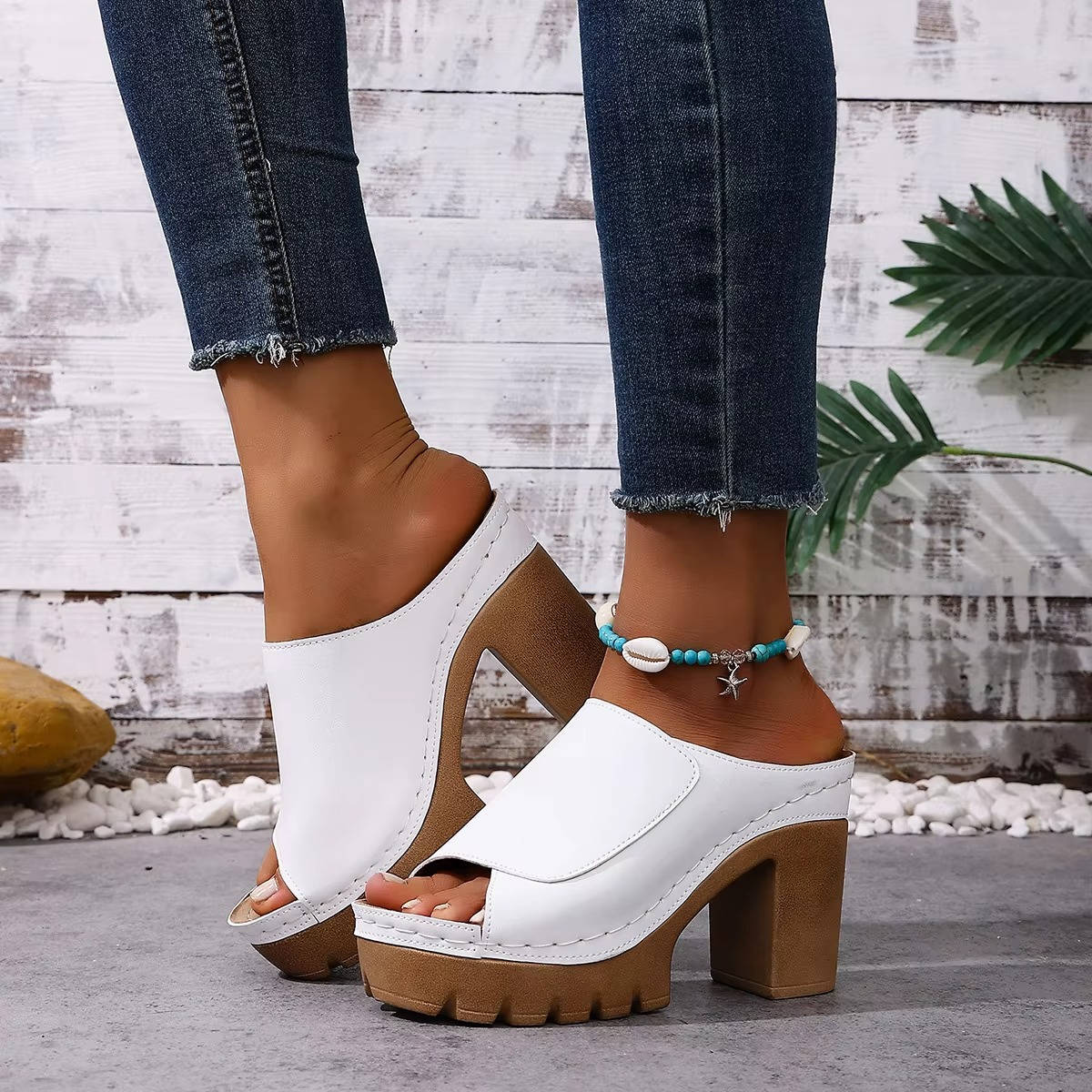 Women's Block Heel Mules, Open Toe Platform Sandals, Chunky High Heel Slip on Slide Shoes