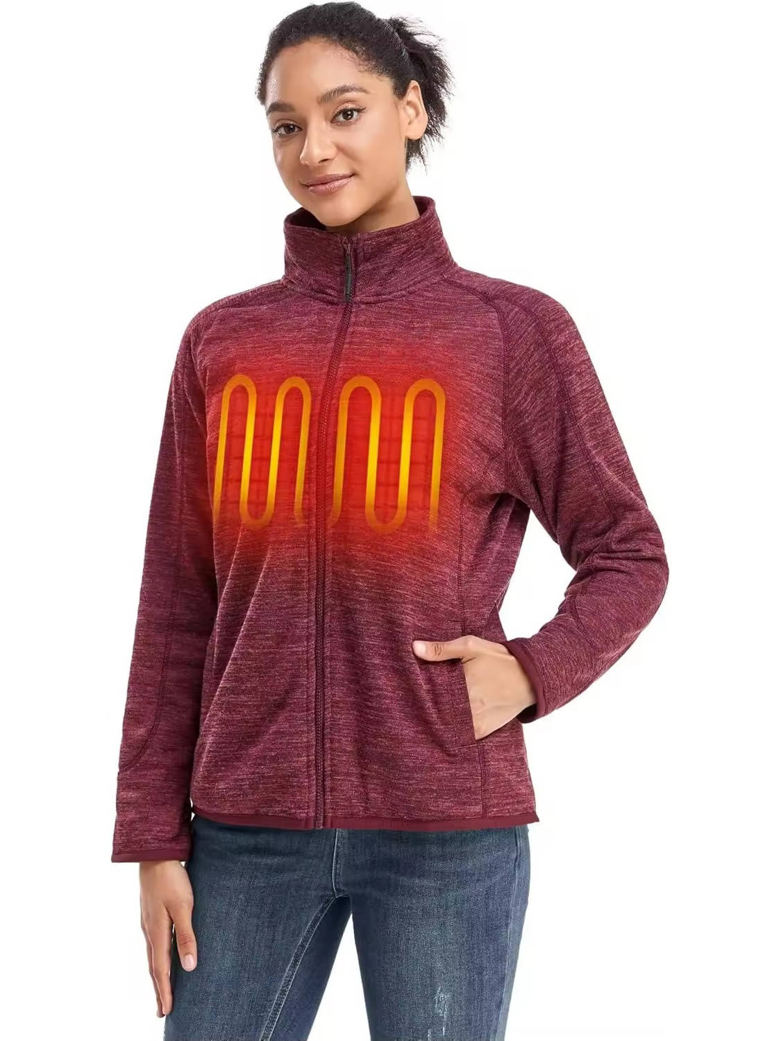 Women's Heated Fleece Jacket, Lightweight 4 Zone Heated Layer for Cold Weather Outdoor Wear