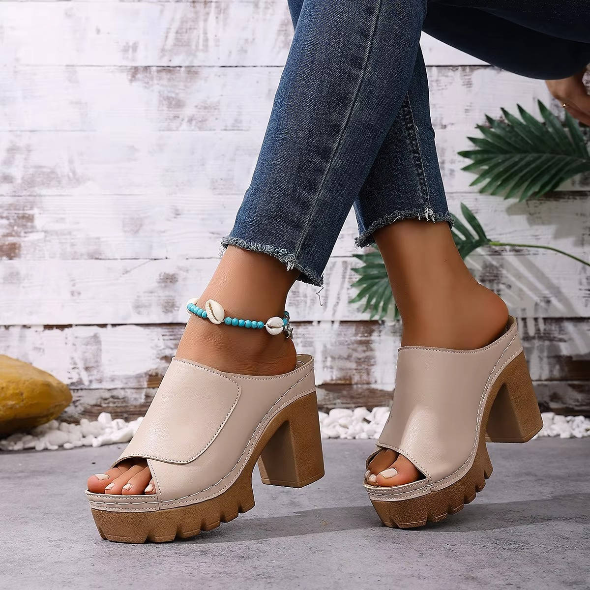 Women's Block Heel Mules, Open Toe Platform Sandals, Chunky High Heel Slip on Slide Shoes