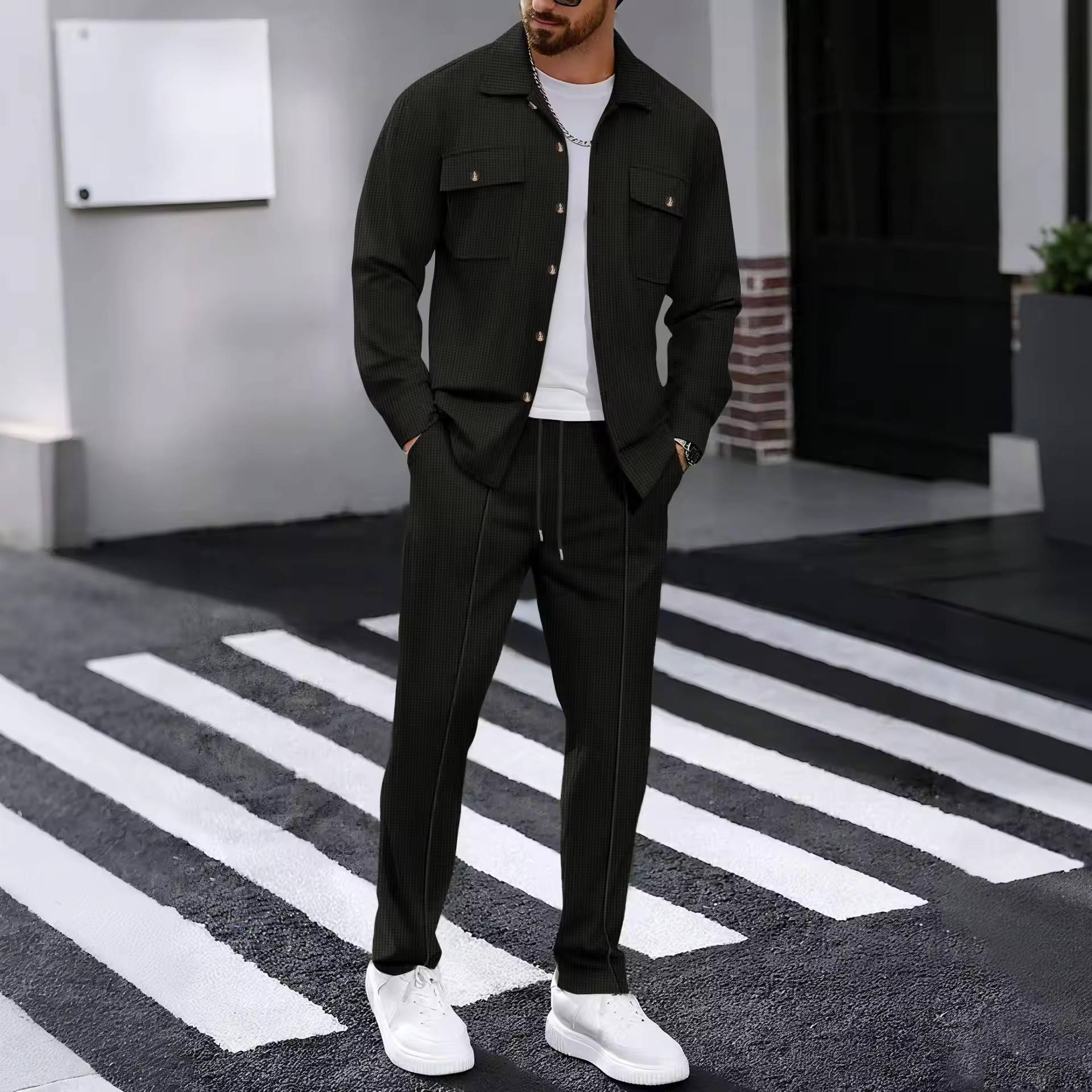 Mens 2 Piece Sweatsuit Set, Waffle Plaid Jacquard Jacket Top and Casual Pants, Fall Fashion Outfit