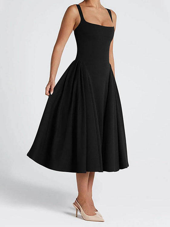 Womens Square Neck A Line Midi Dress, Elegant Wedding Guest and Evening Party Dress