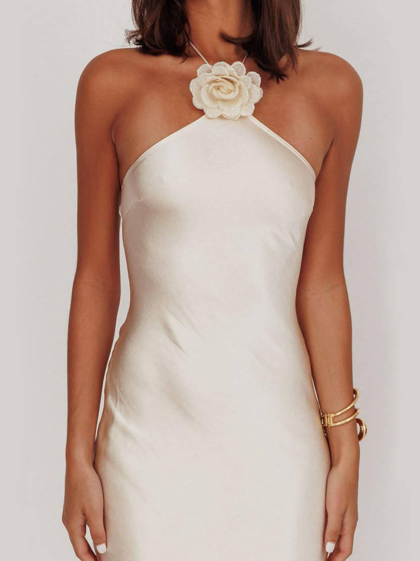 Womens Satin Halter Maxi Dress, Backless Sleeveless Wedding Guest Formal Dress