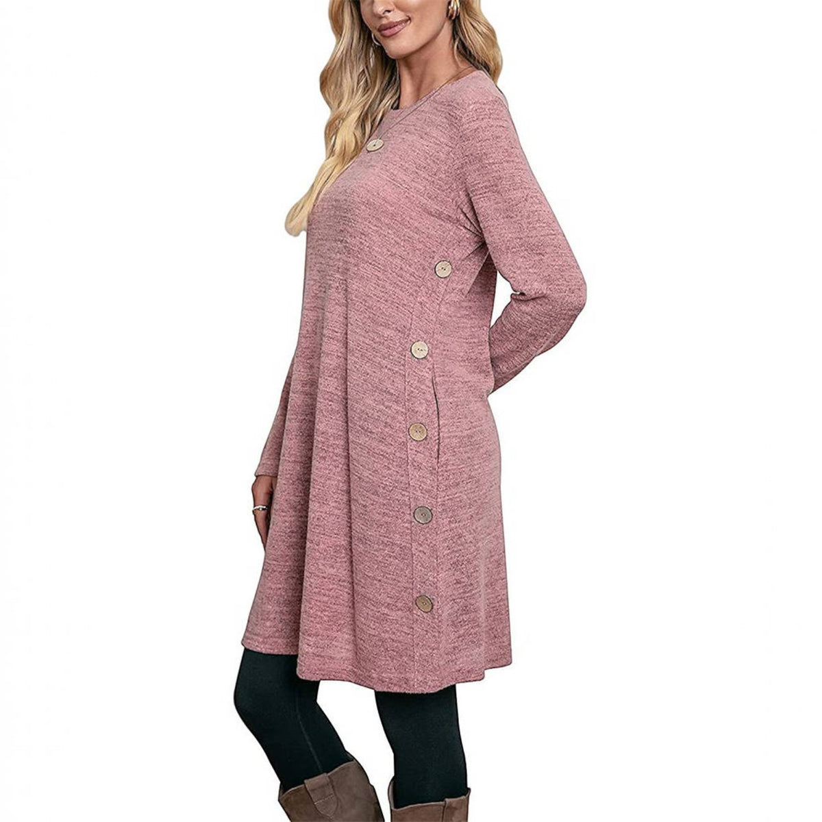 Womens Fall Dress, Crew Neck Long Sleeve Dress, Casual Midi Dress with Pockets