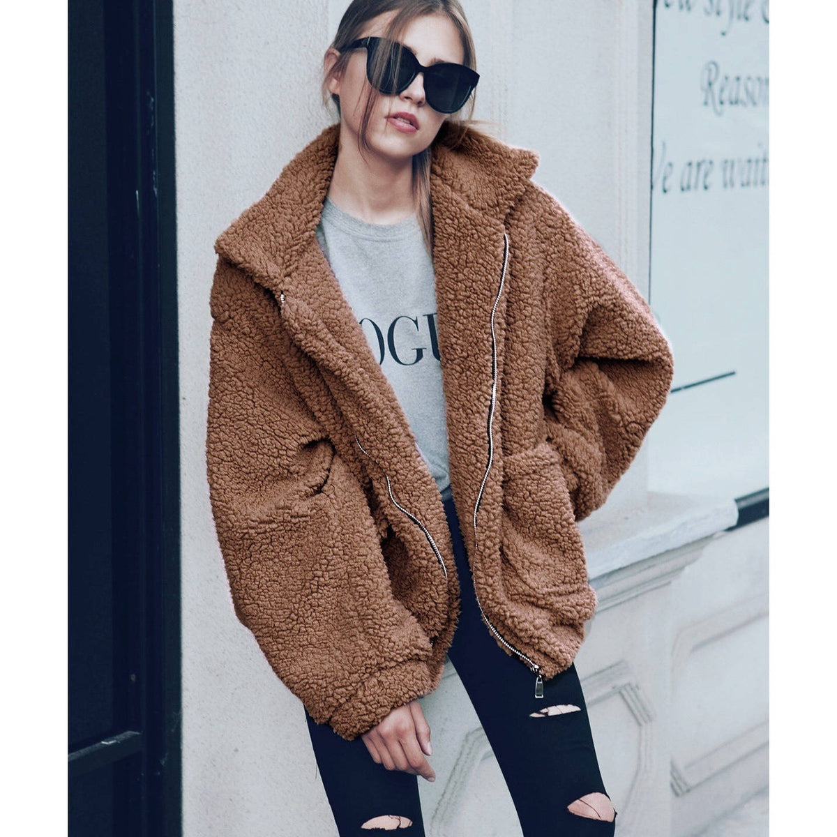 Womens Oversized Sherpa Fleece Coat, Warm Winter Outerwear