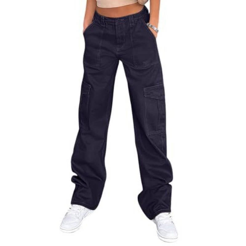 Womens Cargo Pants, High Waisted Wide Leg Baggy Pants, Stretchy Casual Y2K Streetwear with 6 Pockets