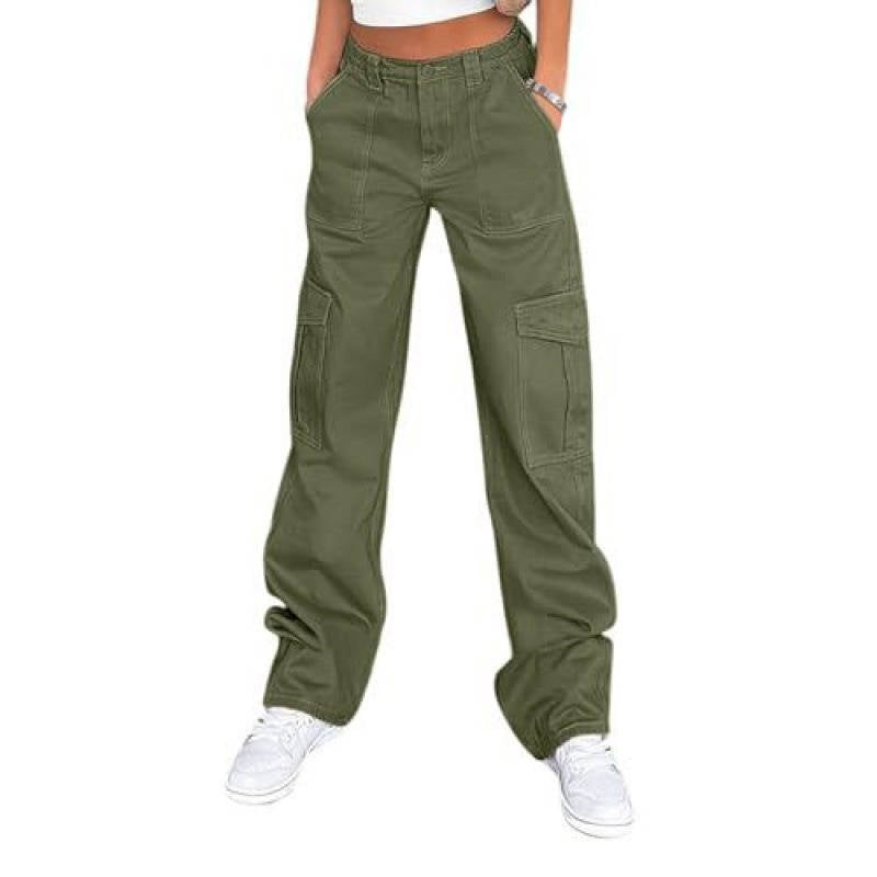 Womens Cargo Pants, High Waisted Wide Leg Baggy Pants, Stretchy Casual Y2K Streetwear with 6 Pockets