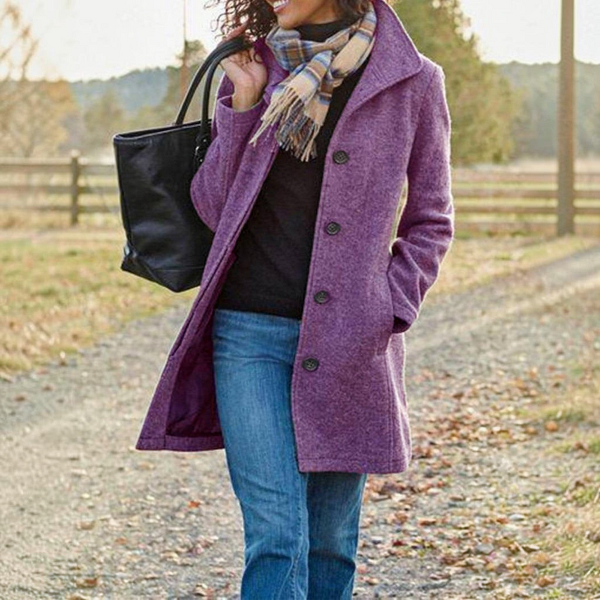 Womens Wool Blend Pea Coat, Thick Stand Collar, Single Breasted Winter Jacket