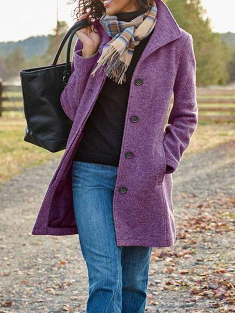 Women's Wool Blend Pea Coat, Thick Stand Collar, Single Breasted Winter Jacket