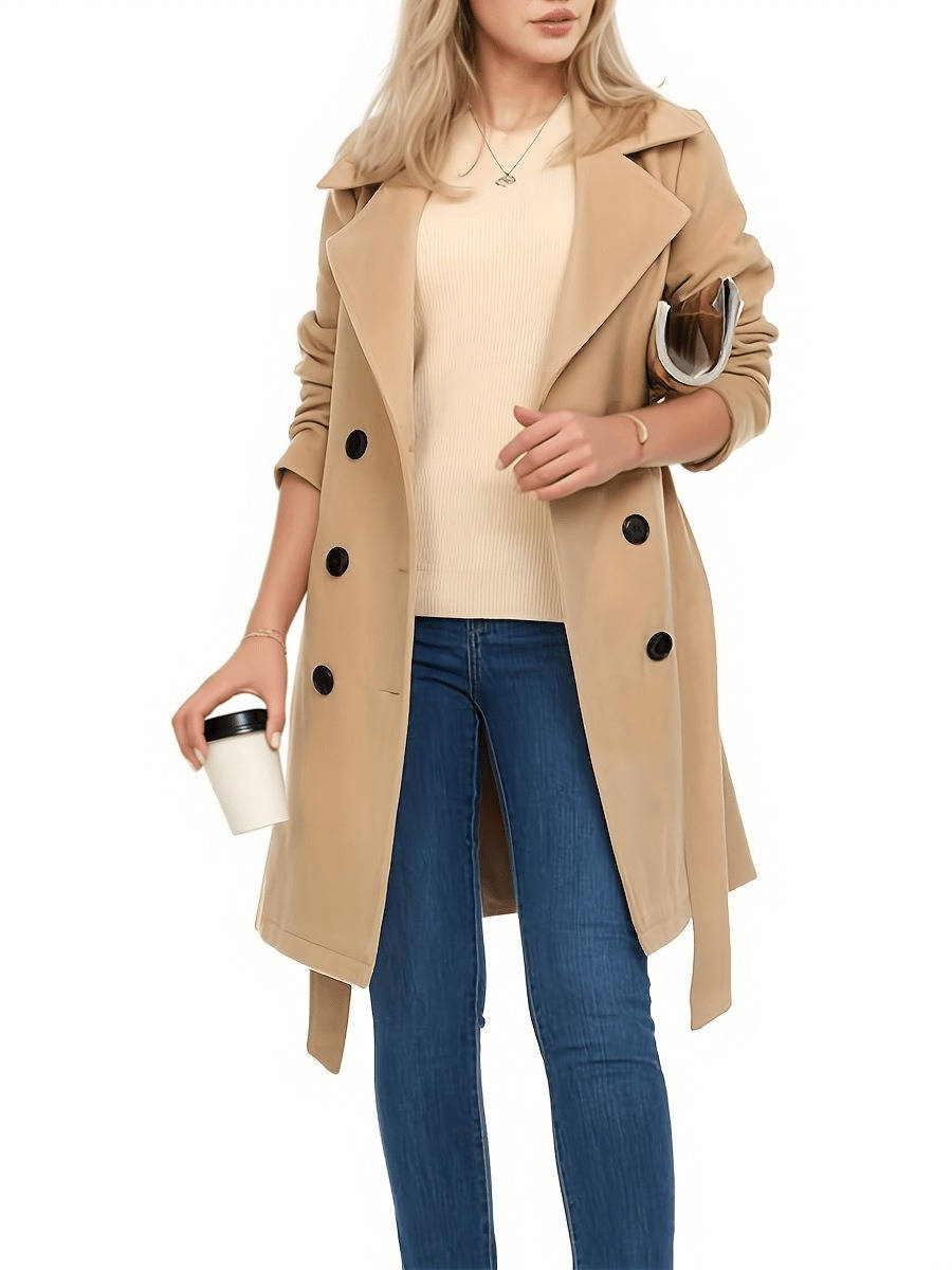 Womens Long Trench Coat, Double Breasted Faux Wool, Winter Coat