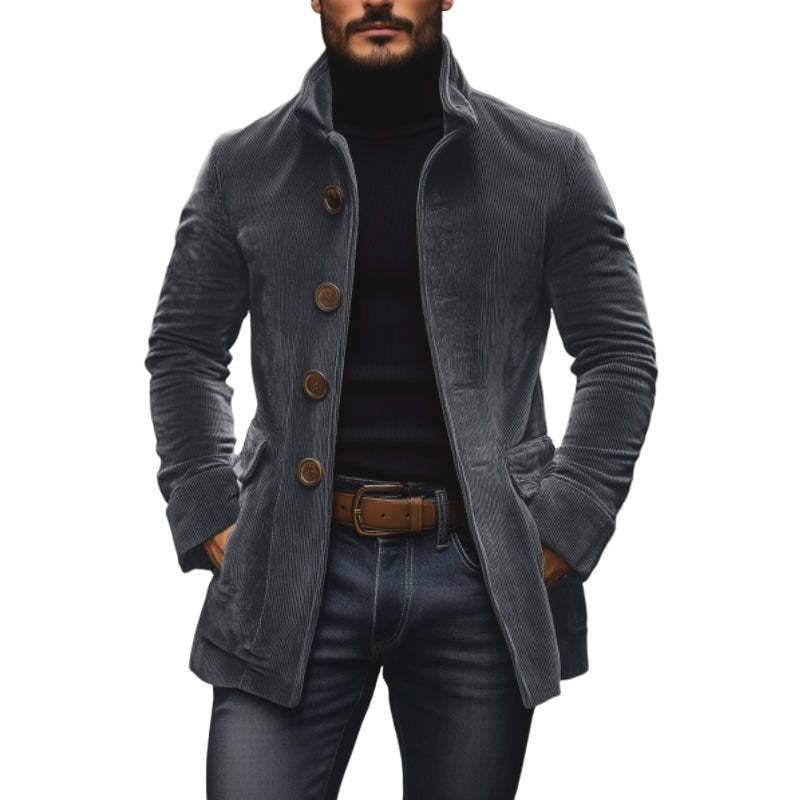 Men's Stand Collar Jacket, Button Front, Solid Color Casual Suit Jacket with Pockets, Spring Fall Business Casual Outerwear