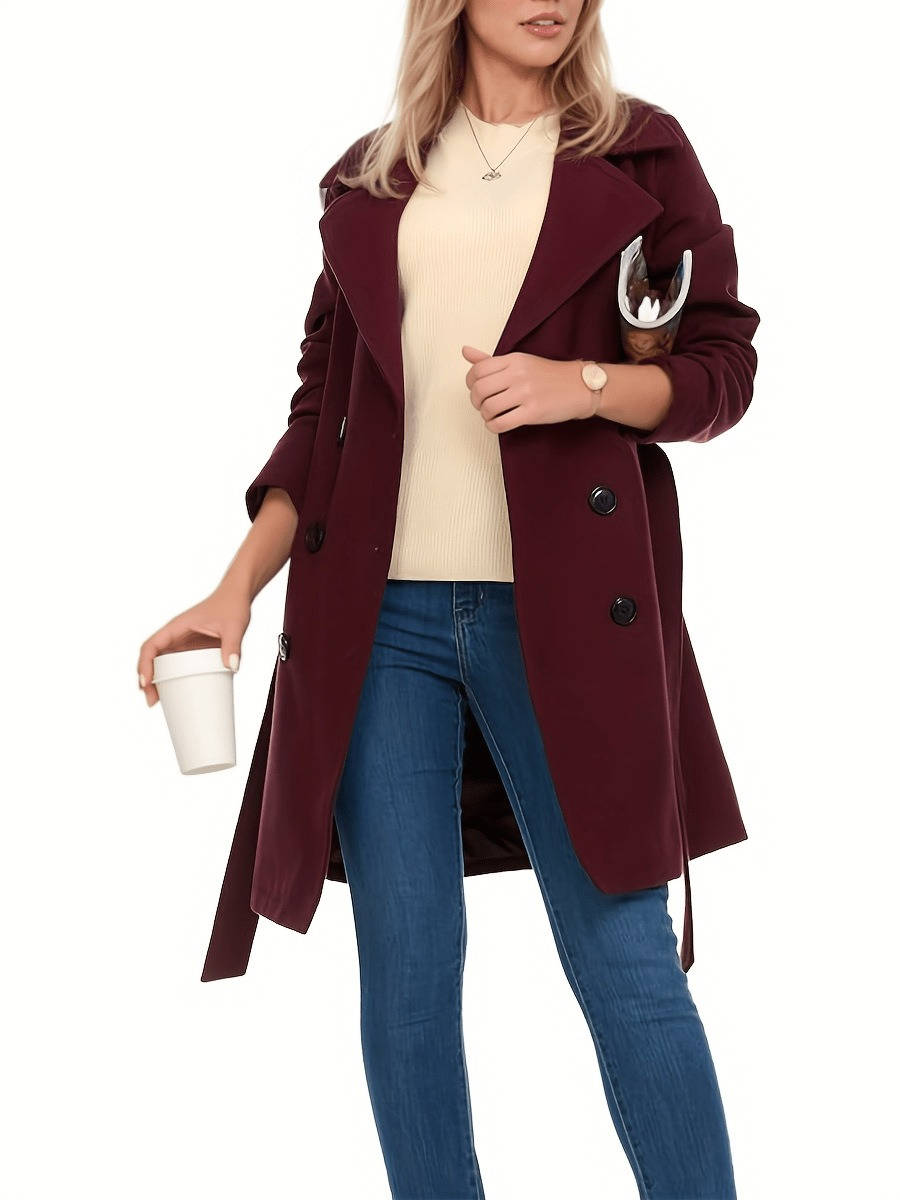 Womens Long Trench Coat, Double Breasted Faux Wool, Winter Coat
