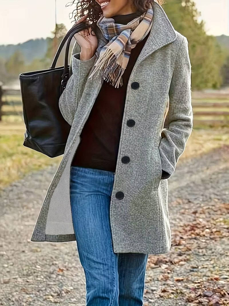 Women's Wool Blend Pea Coat, Thick Stand Collar, Single Breasted Winter Jacket
